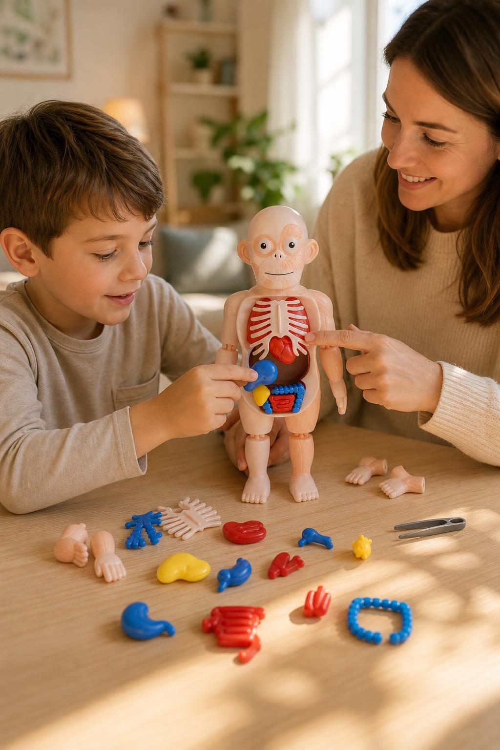 Madre e hijo montando juntos el muñeco anatómico