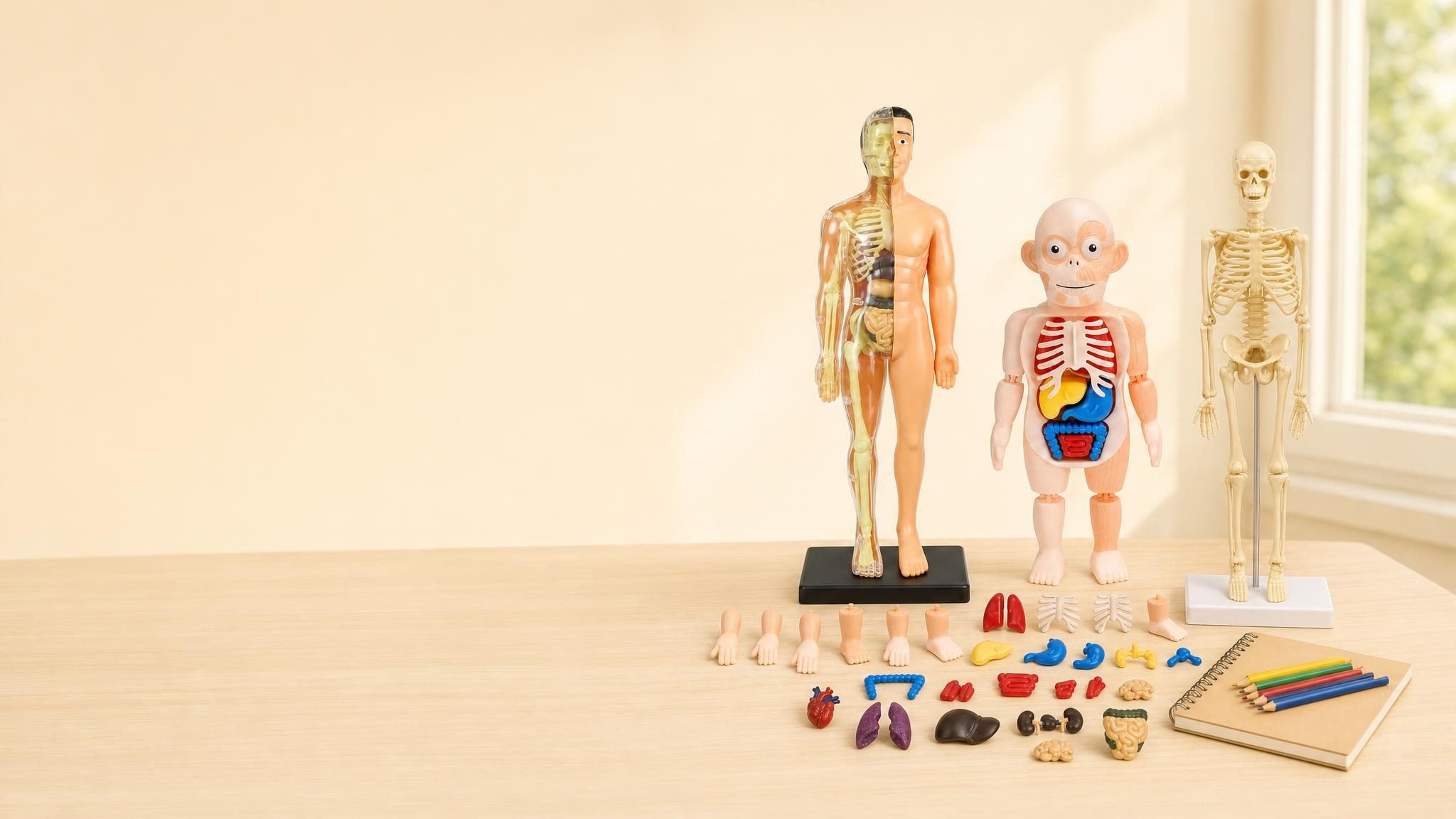 Modelos de anatomía para montar con sus órganos de colores sobre una mesa